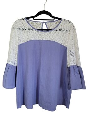 Marc New York XL Blue Cotton Lace Yoke Bell Sleeve Boho Peasant Blouse Top